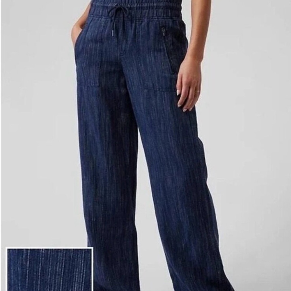 Athleta Cabo Linen Pants - Navy Blue Textured Wide Leg 6P